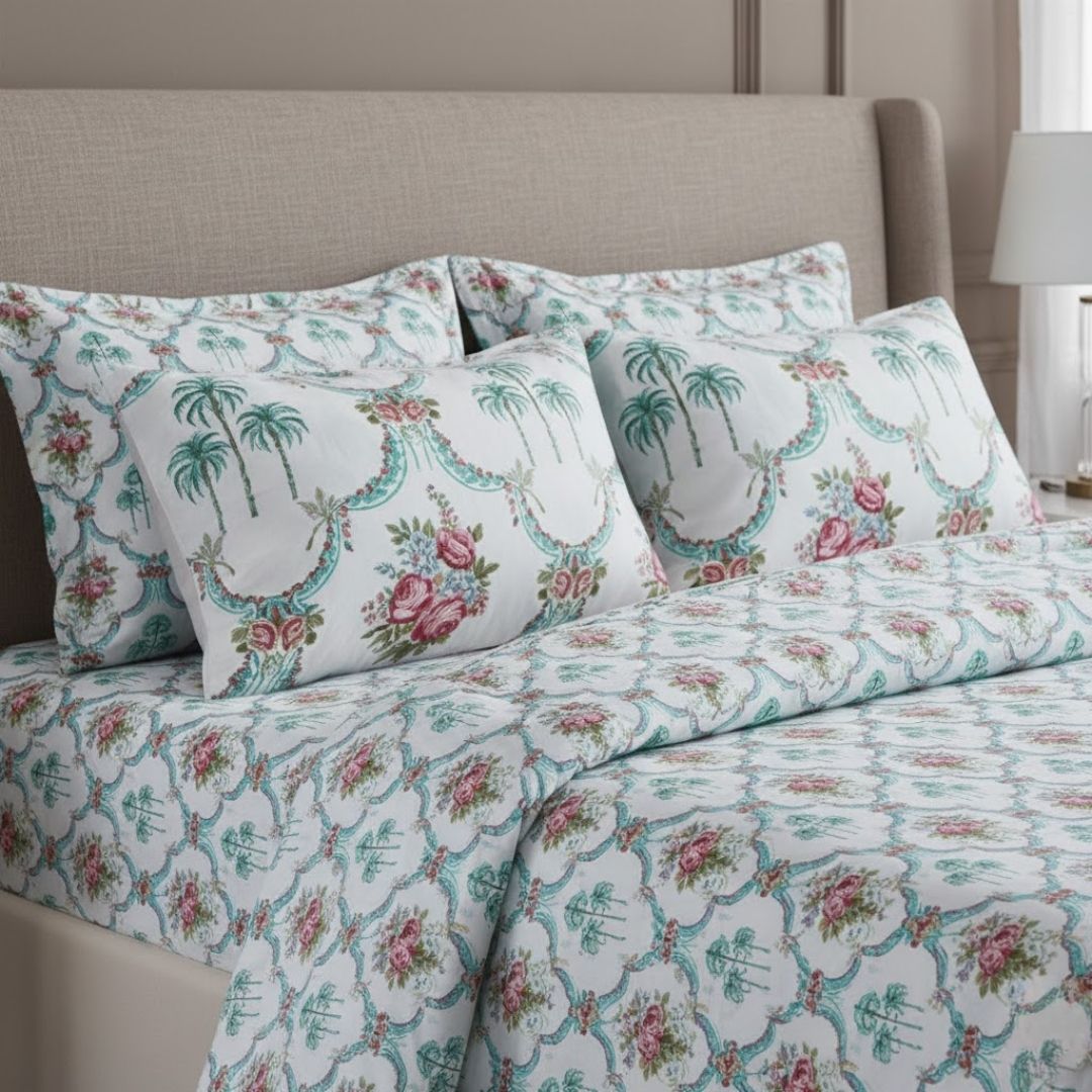 Vibrant Rose Bouquet Block Printed Jaipur Mela Cotton Bedsheet